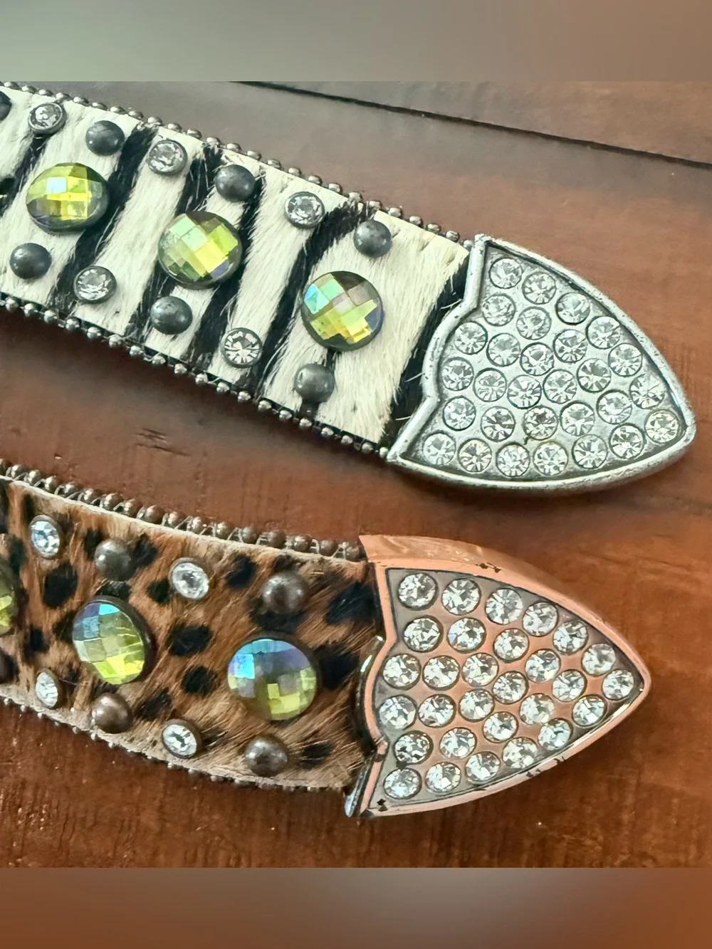 Nocona Zebra & Leopard Crystal-Embellished Belts with Yellow and Pink Stones
